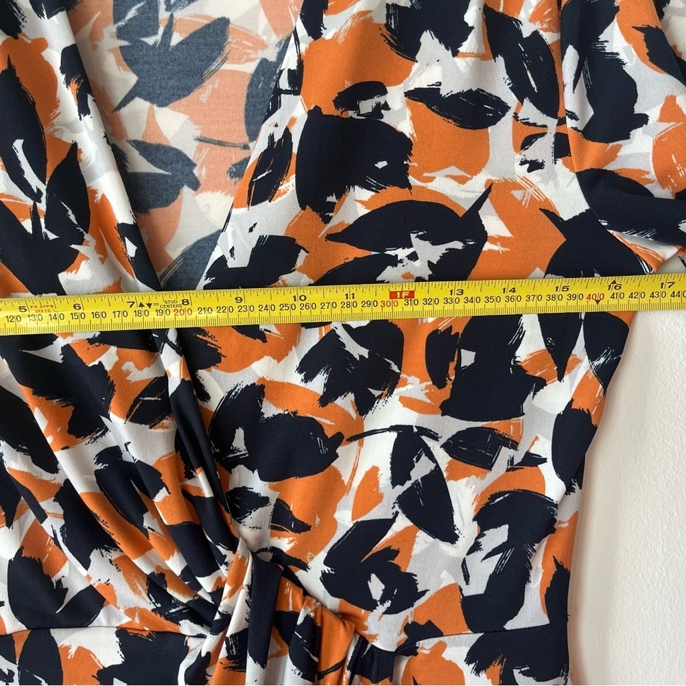 Banana Republic Wrap Front Dress Size Small, Navy Orange Abstract Print Stretch - Picture 9 of 12